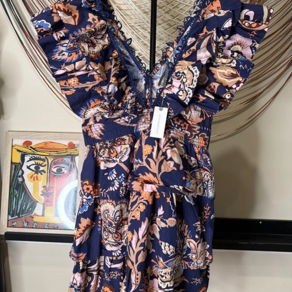 Women's Navy Floral Ruffle V-Neck Tunic - Navy & Blush